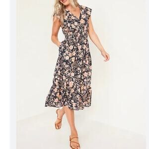 Old Navy V-Neck Flutter Sleeve Midi Floral Tiered Dress Size M